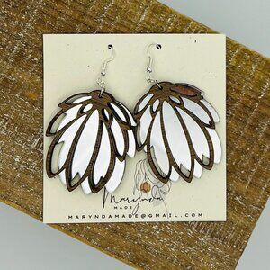 Waterlily Earrings | Layered Walnut and Mirrored Acrylic | Handmade Statement Ea